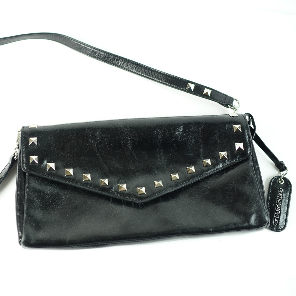 CYNTHIA ROWLEY black leather studded purse clutch